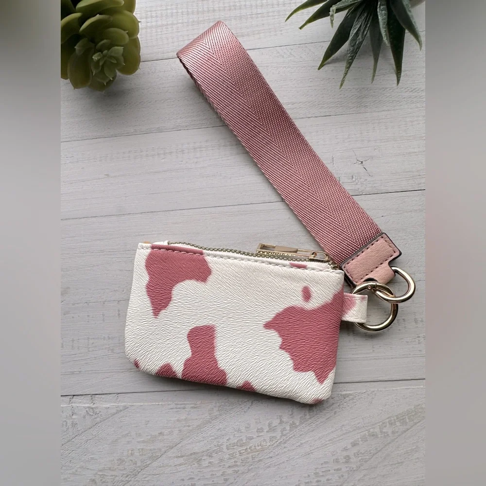 Pink Cow Print Card Case Pouch w/Removable Wrist Strap